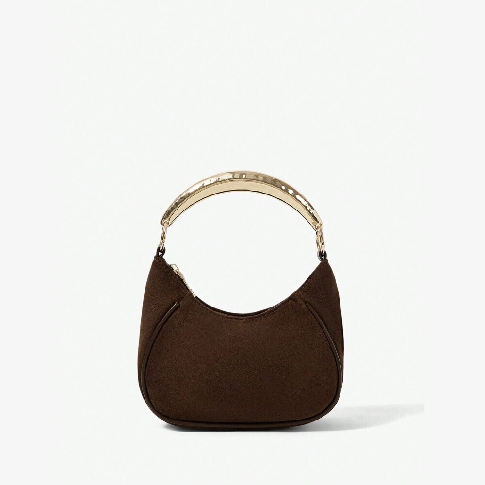 Brown Faux Suede Curved Metal Handle Mini Hobo Bag